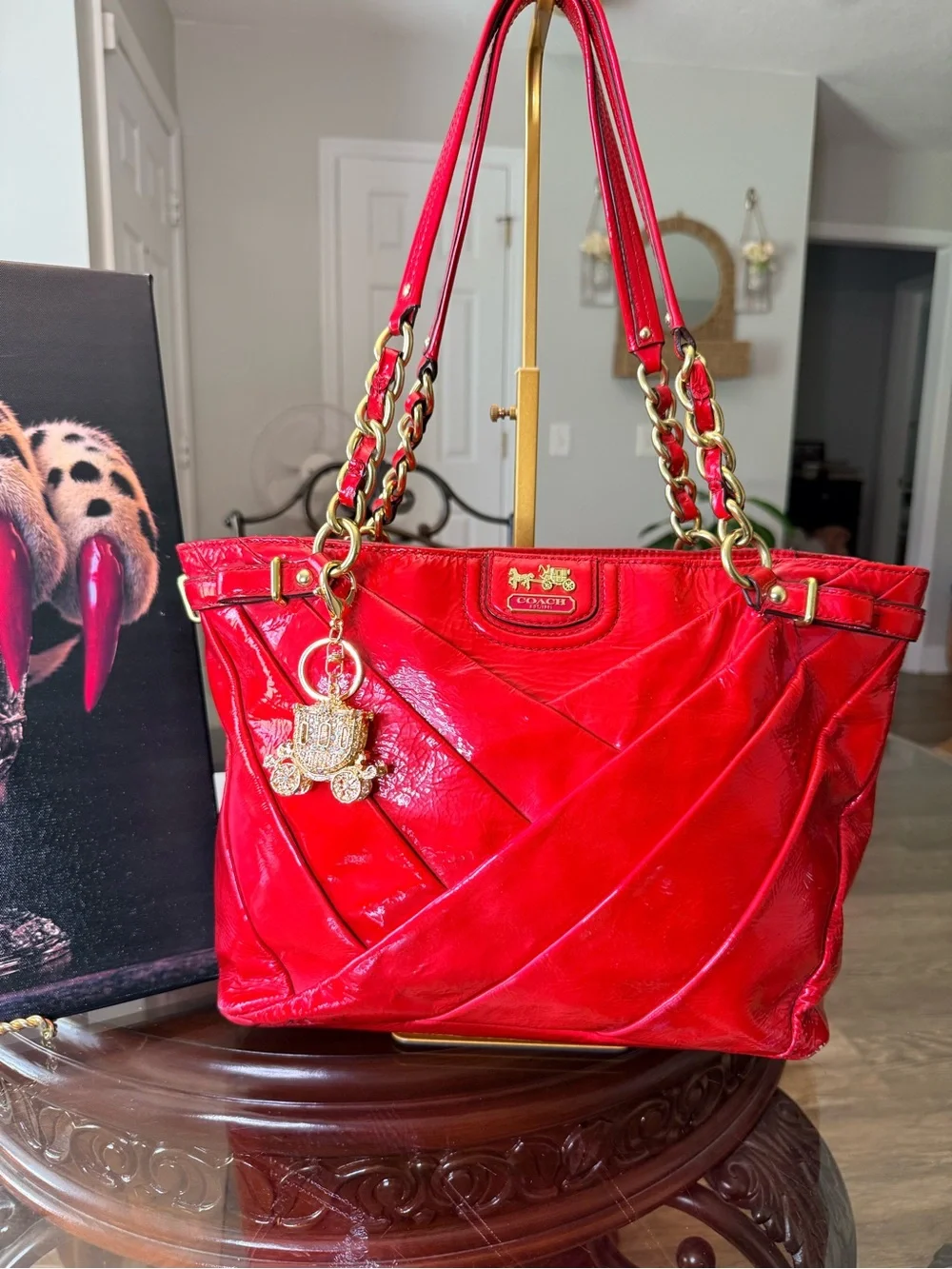 Coach Madison Diagonal Pleated Patent Leather Tote Bag